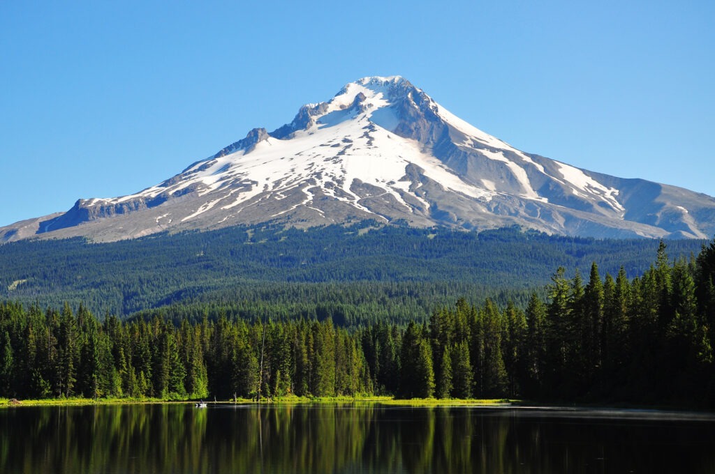 Snow-capped mountain rises above a reflective lake, surrounded by lush green forests under a clear blue sky, showcasing natural beauty.