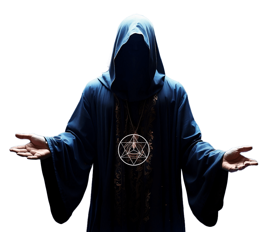 Robe-clad figure with a hood outstretched hands, donning a pentagram necklace, suggesting themes of mysticism or magic.