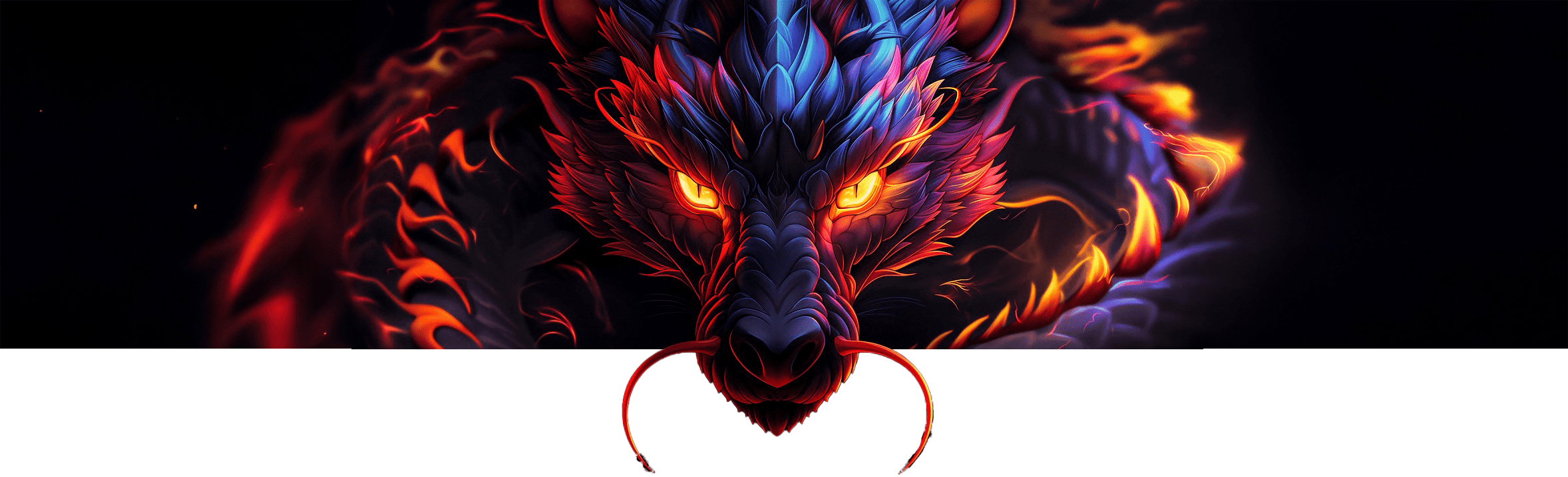 A vibrant, fiery dragon head emerges from a dark background, showcasing glowing orange eyes and scales in shades of blue and red, symbolizing power and mystique.