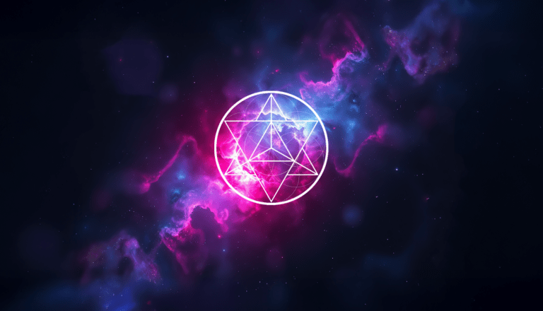 Cosmic scene featuring a glowing hexagram symbol, surrounded by vibrant pink and blue nebulae, emphasizing themes of spirituality and mysticism.