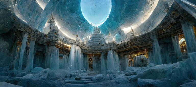 A stunning ice palace in Thailand, featuring intricate ice sculptures and shimmering blue lights against a dark background.