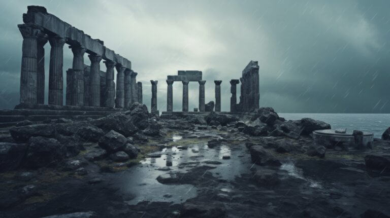 Ancient temple ruins surrounded by rain, showcasing weathered stone structures and lush greenery.