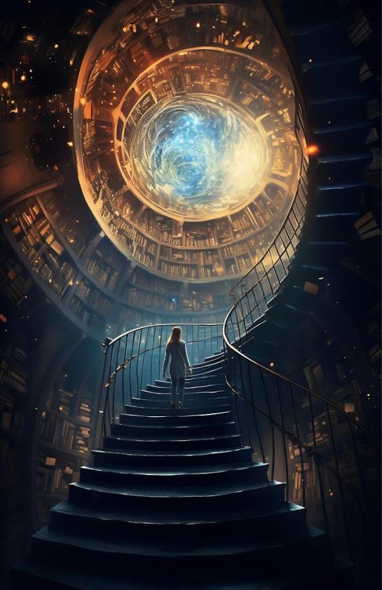 A person ascends a spiral staircase in a library, surrounded by shelves filled with books.