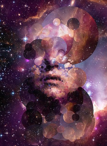A close-up of a man's face surrounded by a deep purple space backdrop, evoking a sense of cosmic wonder.