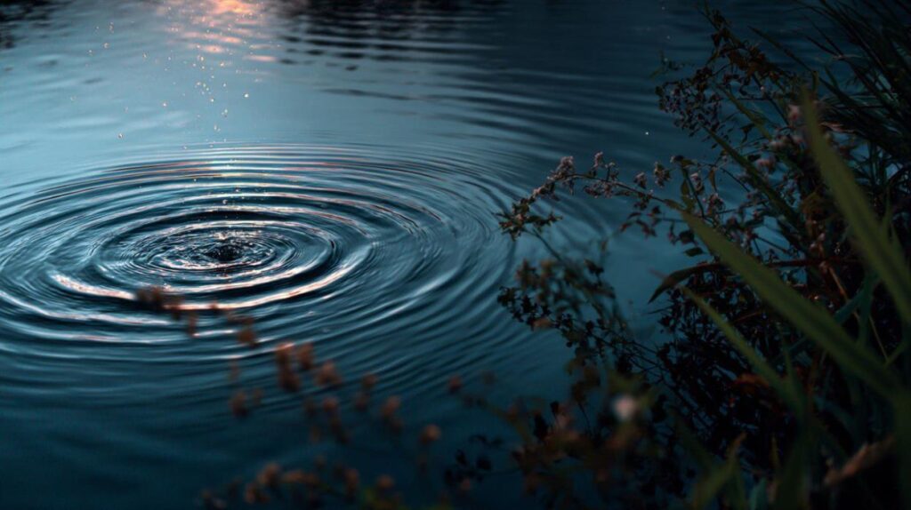 A circular ripple in the water surrounded by lush grass and various plants, creating a serene natural scene.
