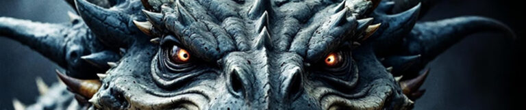 Close-up of a dragon's face with its mouth open, showcasing sharp teeth and fierce eyes.